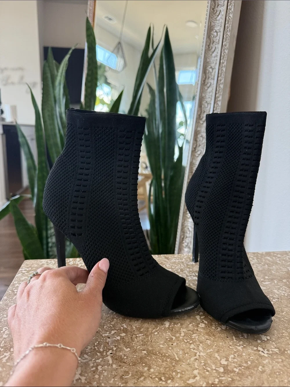 Steve Madden Black Knit Peep-Toe Stiletto Booties